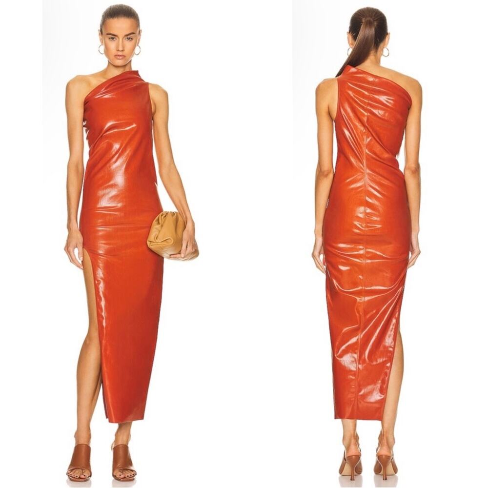RICK OWENS Athena One Shoulder Coated Denim Bodycon Orange Midi Dress Size 6 - Picture 2 of 16